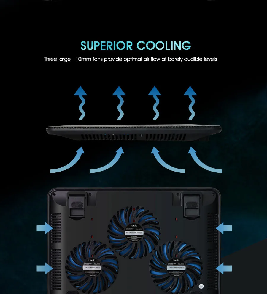 Охлаждающая подставка для ноутбука HAVIT HV-F2056. Кулер для ноутбука+ 2 USB. Стильный тонкий дизайн, портативная работа от USB. 3 встроенных охлаждающих вентилятора. 2 дополнительных USB выхода