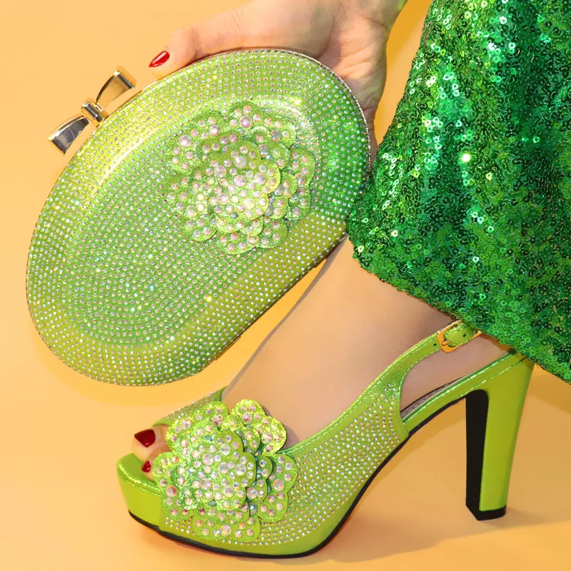 

Green Latest Design Italian Ladies Shoes and Bags To Match Set Decorated with Rhinestone African Wedding Italian Shoes and Bag