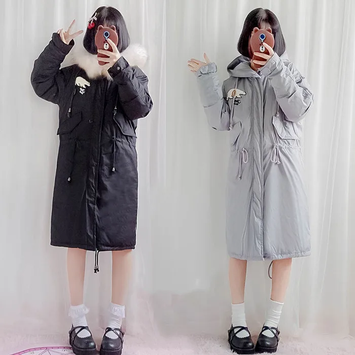 Японский зимняя одежда колледж для кавайной девушки милое пальто в стиле Лолита теплое уплотненное пуховик в стиле «Готик лолита»; пальто лоли cos