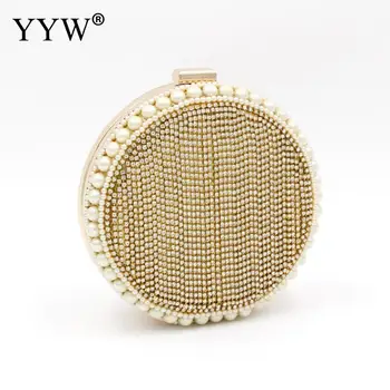 

Round Gold Women Hand Bags Tassel Rhinestone Plastic Pearl Snap Fastener Evening bag female Handbags 2017