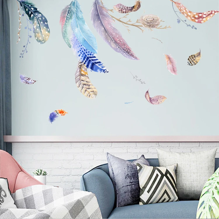 Современный стиль, красочные наклейки на стену с перьями для гостиной, дивана, телевизора, фона, настенные украшения, настенные наклейки, обои, наклейки s