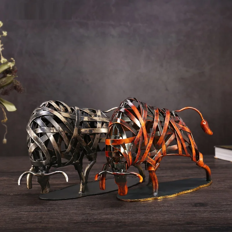 

Metal Weaving Cattle Statuette Red Iron Art Sculpture Figurine Modern Home Decoration Accessories Animal Craft Gift L3037
