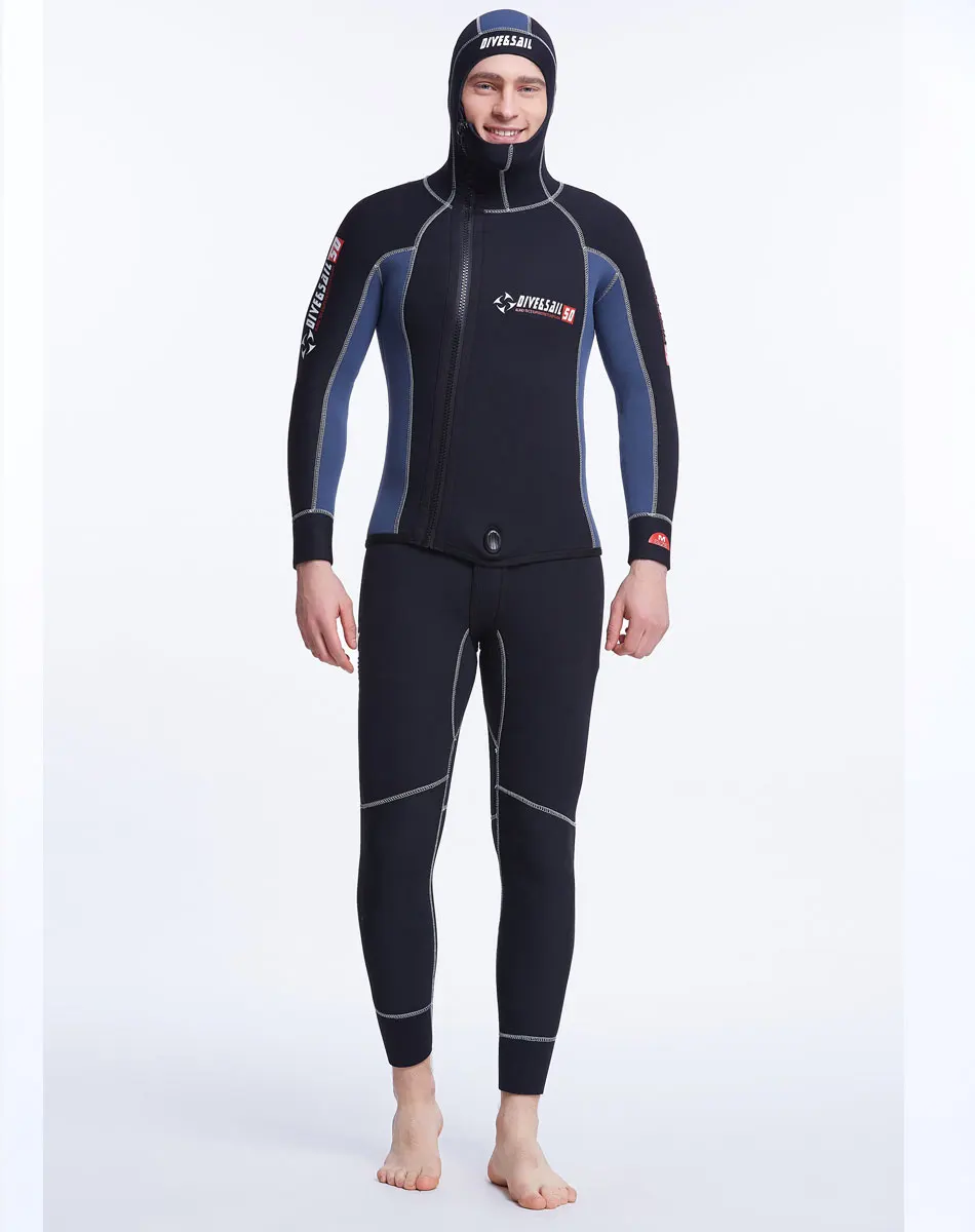 Комплект из 2 предметов, мужская куртка для Гидрокостюма w 5 мм, неопрен/черный, синий, пэчворк, передняя молния, подводная охота, водолазный костюм, капюшон и костюм Jone