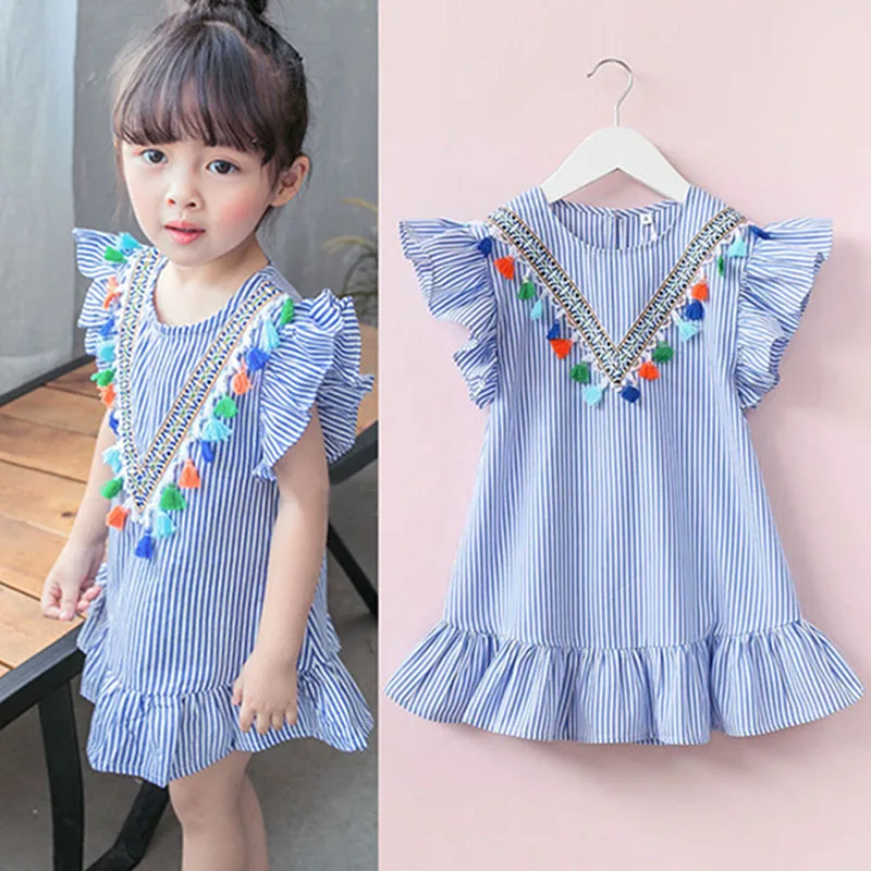 

Baby Girls Dress Kids One-Piece Sundress Tassel Ruffles Striped Casual Puff Sleeve Princess Party Dresses Summer Clothes Costume