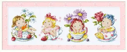 cs-2573 Cross Stitch Kit Tea Cup Girls Four Little Girl and Teacup SO
