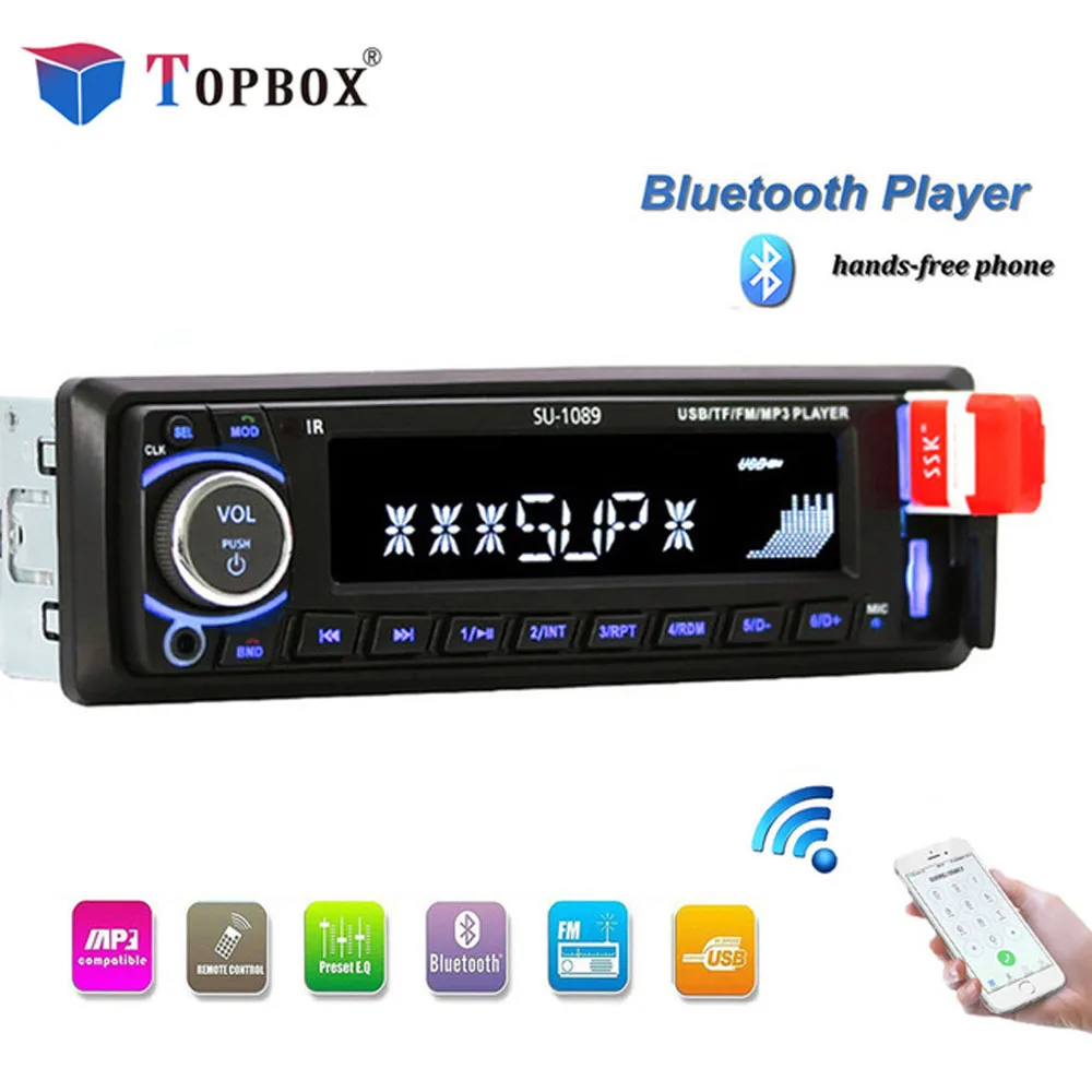 

Topbox Car Radio 1Din Autoradio MP3 Player FM Aux Input SD USB Music MP3 Radio Player Bluetooth Handsfree