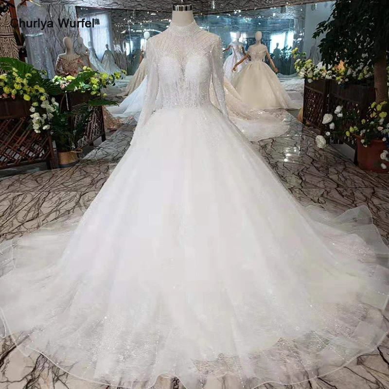 

LS11026G bohemian wedding dresses 2019 beaded high neck long sleeves A-line beach wedding gowns cheap like white bridal dresses