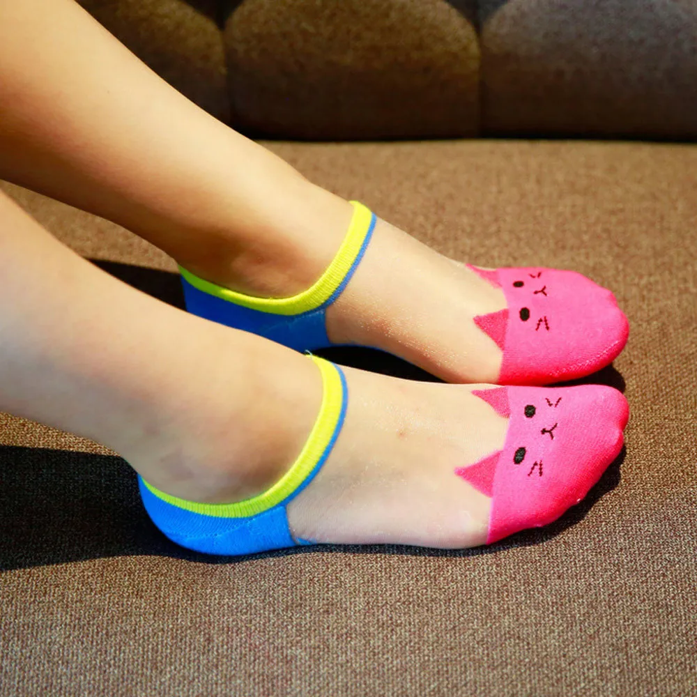 

JAYCOSIN Fashion 7 Colors Women Socks Girls Lovely Cat Printed Transparent Low Cut Invisible Ankle Clothing Accessories 9030827