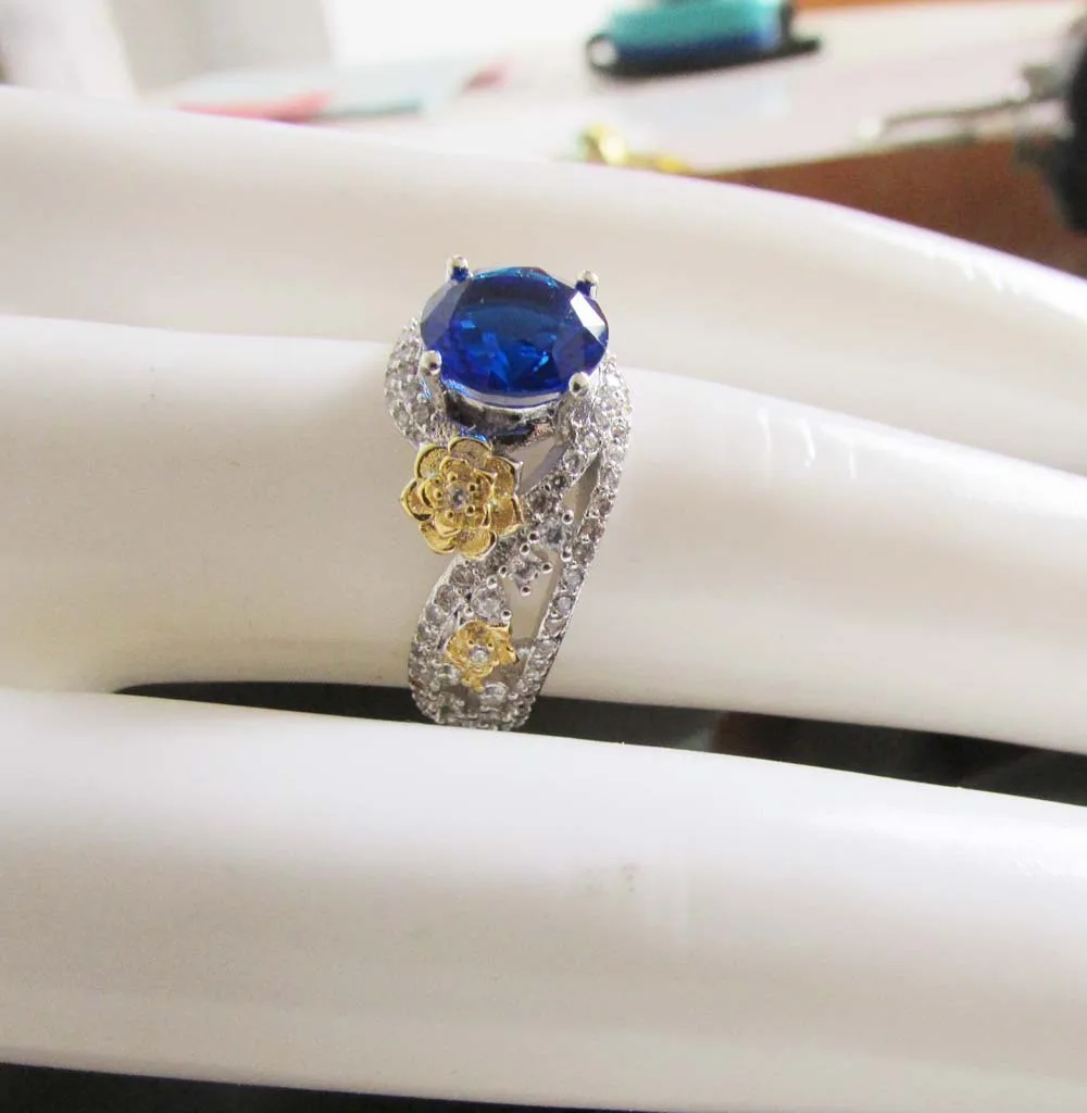Цветок 14 к Розовое золото Цвет сапфир алмаз кольцо Bizuteria Anillos De Bague или Jaune ювелирные изделия для свадьбы женское кольцо с аметистом