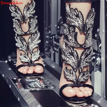 

Bling Bling Crystal Gladiator Leaves Sandals Summer Stiletto Heels Party Shoes Woman Angel Wings Pumps Black Gold Silver