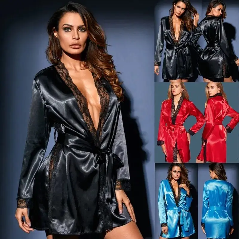 

2019 New Hot Sexy Lingerie Plus Size Satin Lace Black Kimono Intimate Sleepwear Robe Sexy Night Gown Women Erotic Underwear