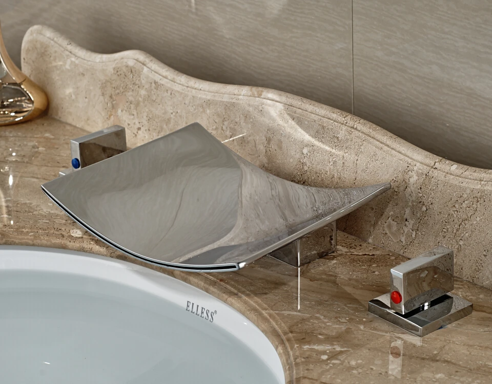 

Chrome Finished 3pcs Deck Mounted Bathroom Sink Faucet Waterfall Bathtub Faucet With Double Handle