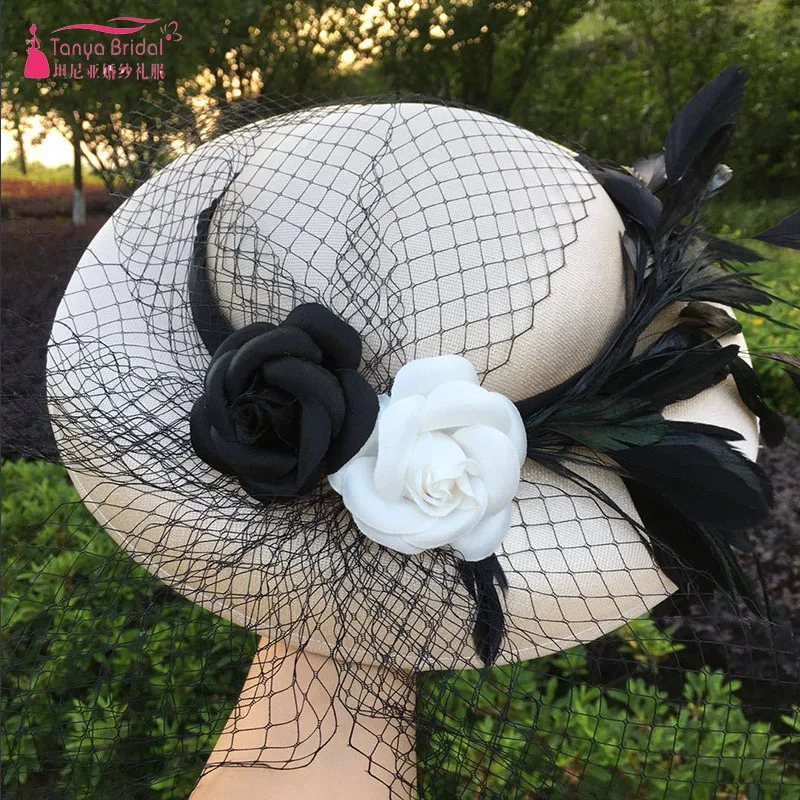 

Khaki Flowers Wedding Bridal Hats With Black Tulle Women Fashion Evening Hats Elegant Headwear Accessories ZH048
