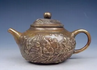 

Vintage Brass Crafted Unique Teapot Immortals Riding Phoenix 2 Cranes On Cover statue