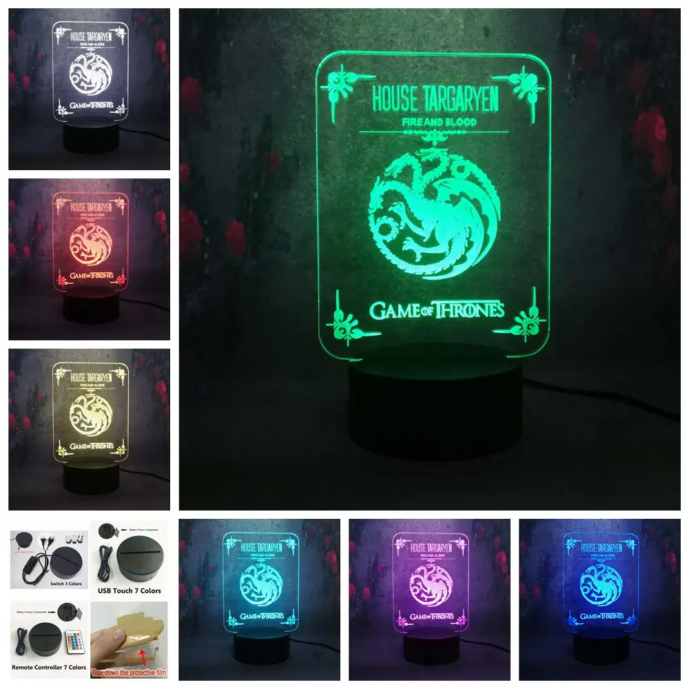 

Flash Light 3D RGB Home Party Atmosphere decor LED Acrylic Lamp Game of Thrones HOUSE TARGARYEN Lighting Night light Exhibition