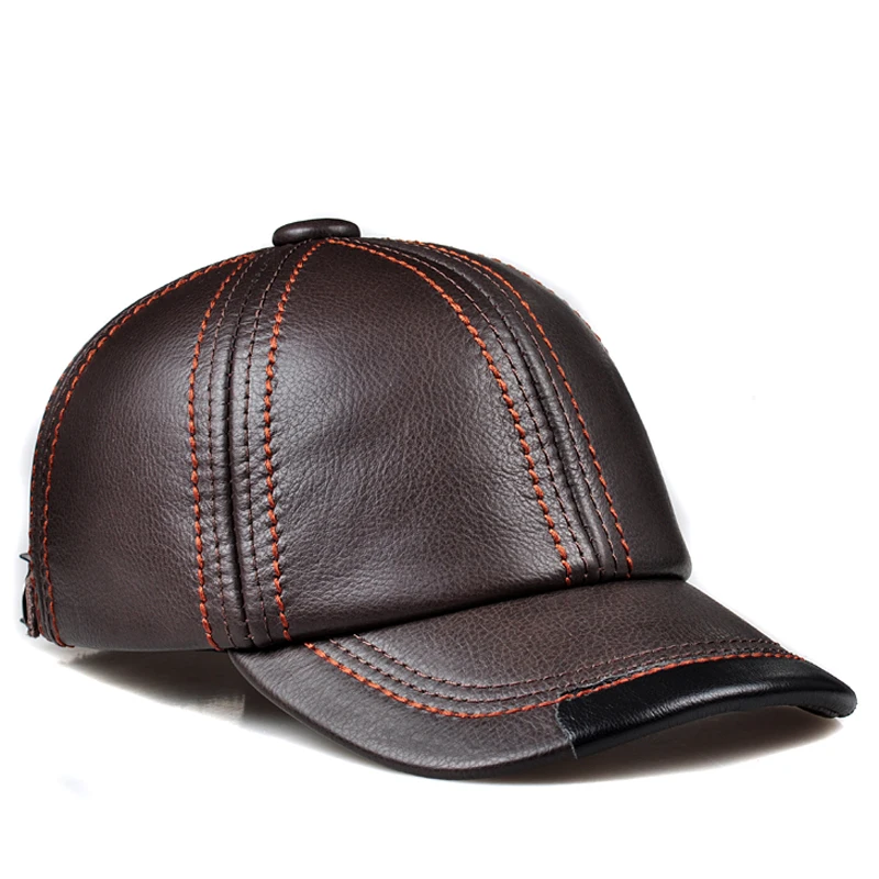Genuine Leather Baseball Cap Men Black Cowhide Hat Snapback Male Adjustable  Autumn Winter Real Leather Peaked Hats 008