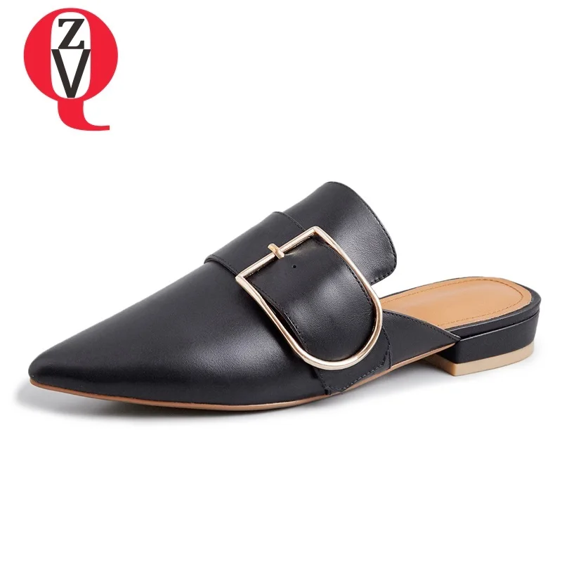 

ZVQ women shoes spring new high quality genuine leather pointed toe women slippers low square heel outside comfortable shoes