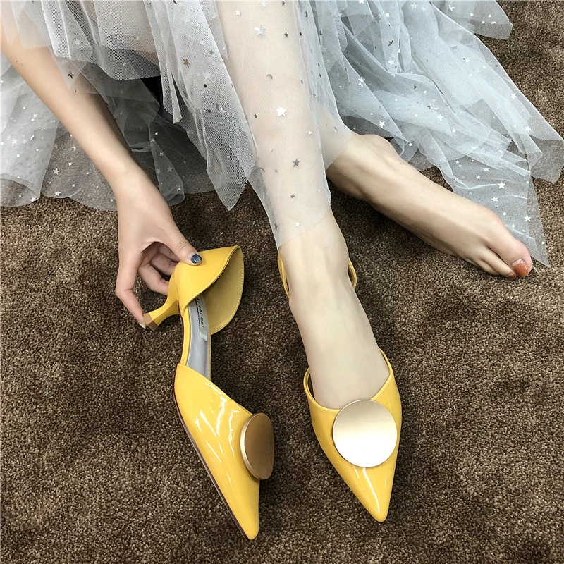 

2019 Summer new office stiletto high heels pumps sexy pointed toe hollow party shoes Metal decoration slip on sapato feminino