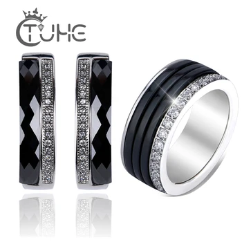 

Good Quality One Row AAA Cubic Zinconia Jewelry Sets for Women Luxury Crystal Healthy Ceramic Stud Earrings Rings Wedding Gift