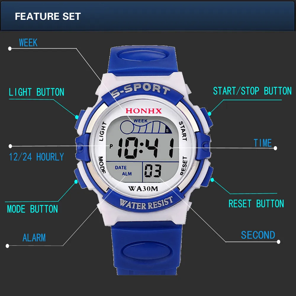 Бренд honhx водостойкие Дети Мальчики цифровые светодиодные спортивные часы дети будильник Дата часы наручные часы подарок montre enfant garcon