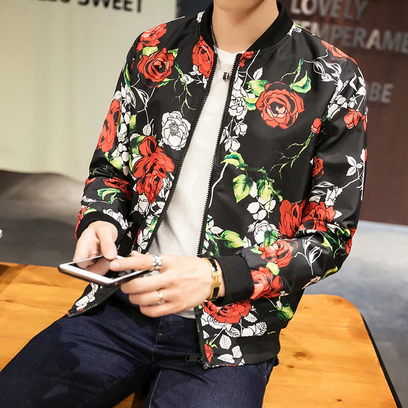 Chaqueta Bomber informal de sarga de algodón con de flores para hombre, abrigos ajustados con bolsillos, primavera y otoño - AliExpress