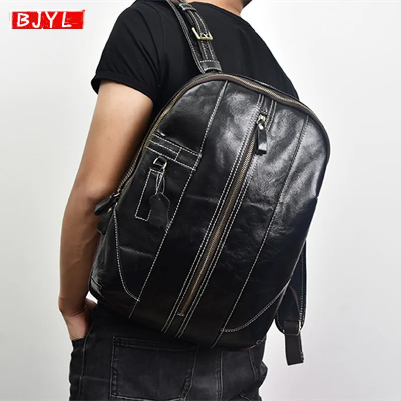 

BJYL New men's backpack genuine leather wild laptop shoulder bag black Cowhide leather leisure vintage travel computer backpacks