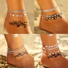 17 миль в богемном стиле листьев звезда несколько Слои набор ножных браслетов для Для женщин девочек Винтаж серебро Цвет цепочка браслет на украшения для ног