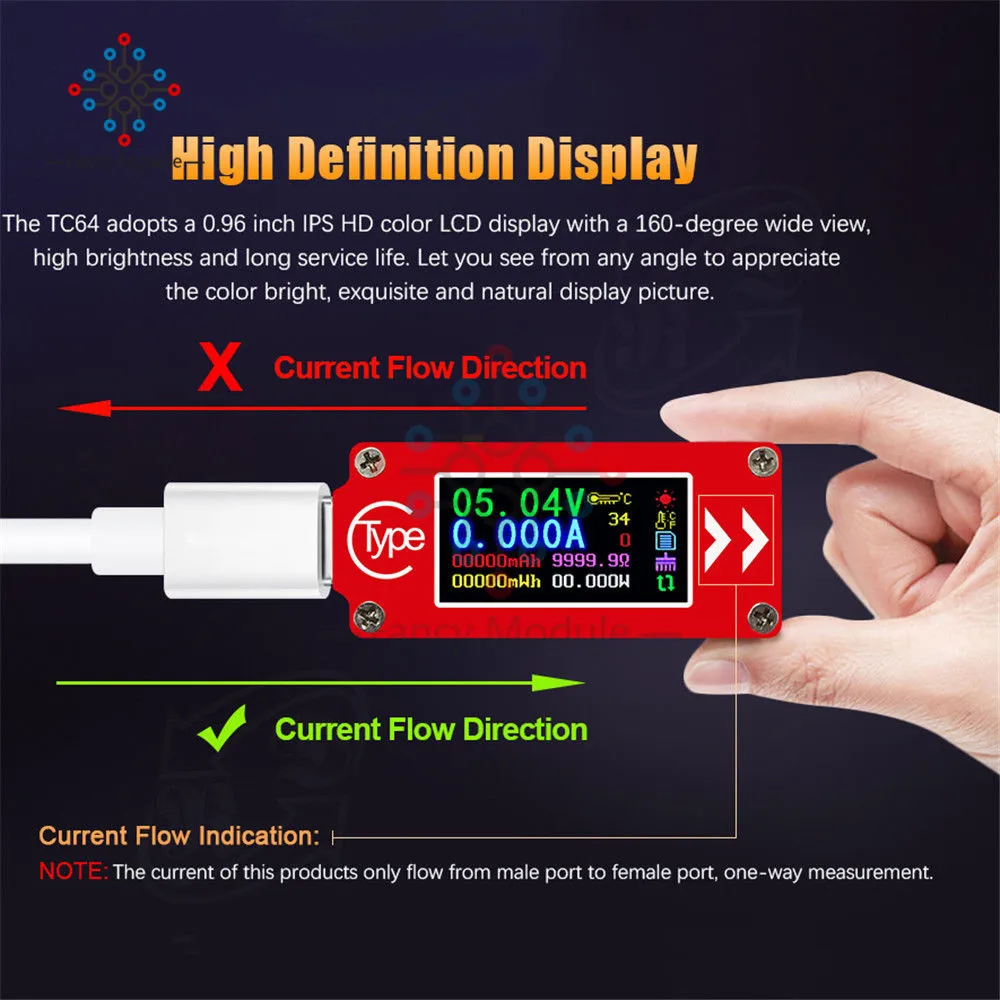 TC64 цветной ЖК-дисплей USB Вольтметр Амперметр Напряжение измеритель тока Тип C мультиметр батарея PD Зарядка банк питания USB Тестер