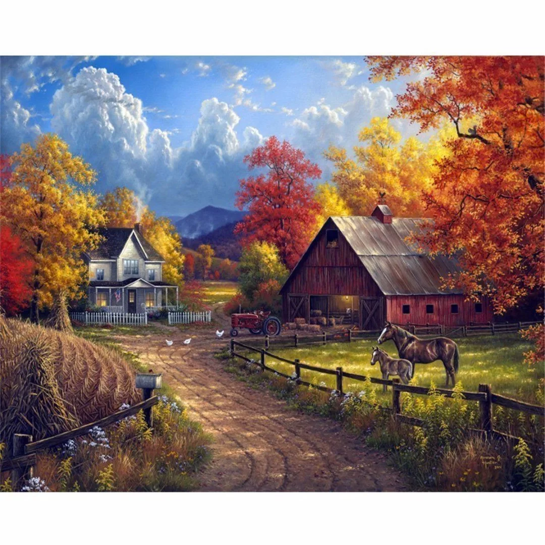 New 25*30cm 5D DIY Diamond Painting Village Farm Cross Stitch Home Decoration