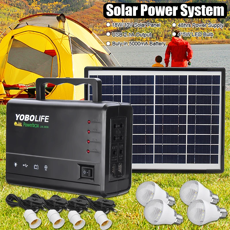 Solar Panel USB Charger Power Storage 18W Generator LED Light Home System Kit Rechargeable Sealed Lead-acid Battery ABS+PC 10V