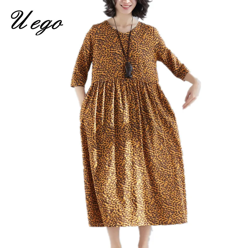 

Uego 2019 New Arrival Soft Cotton Linen Summer Dress Fashion Printing Floral Loose Chic Dress Plus Size Women Casual Midi Dress