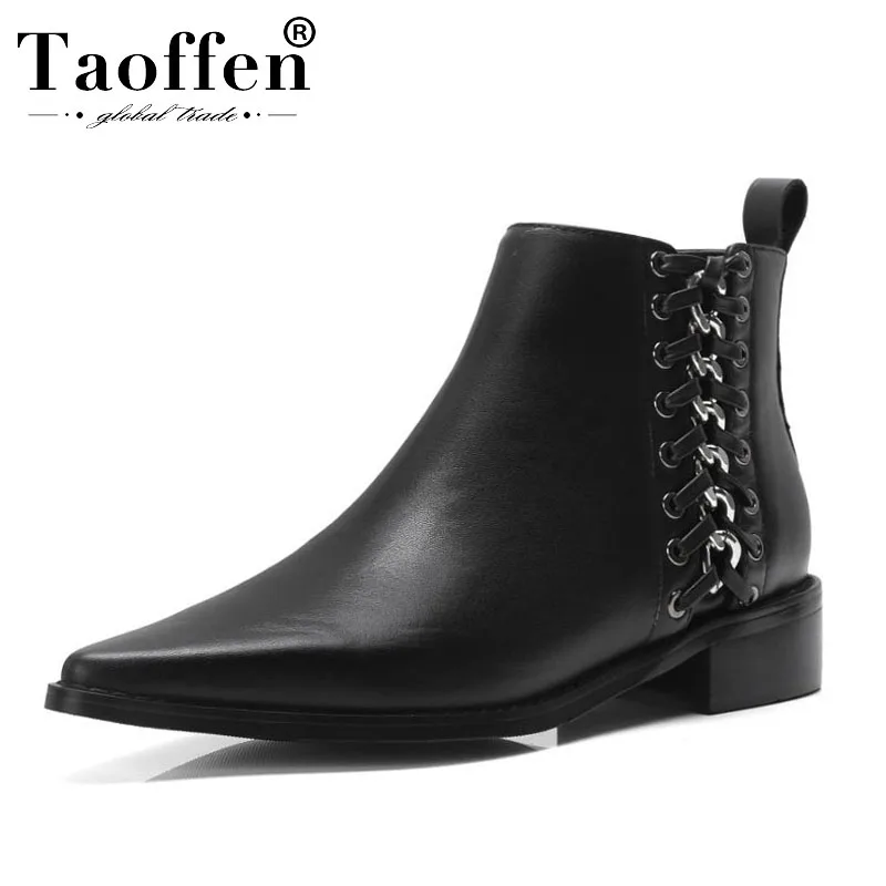 

Taoffen Winter New Women Ankle Boots Genuine Leather Chelsea Boots Zipper Pointed Toe Warm Fur Flats Shoes Women Size 34-39