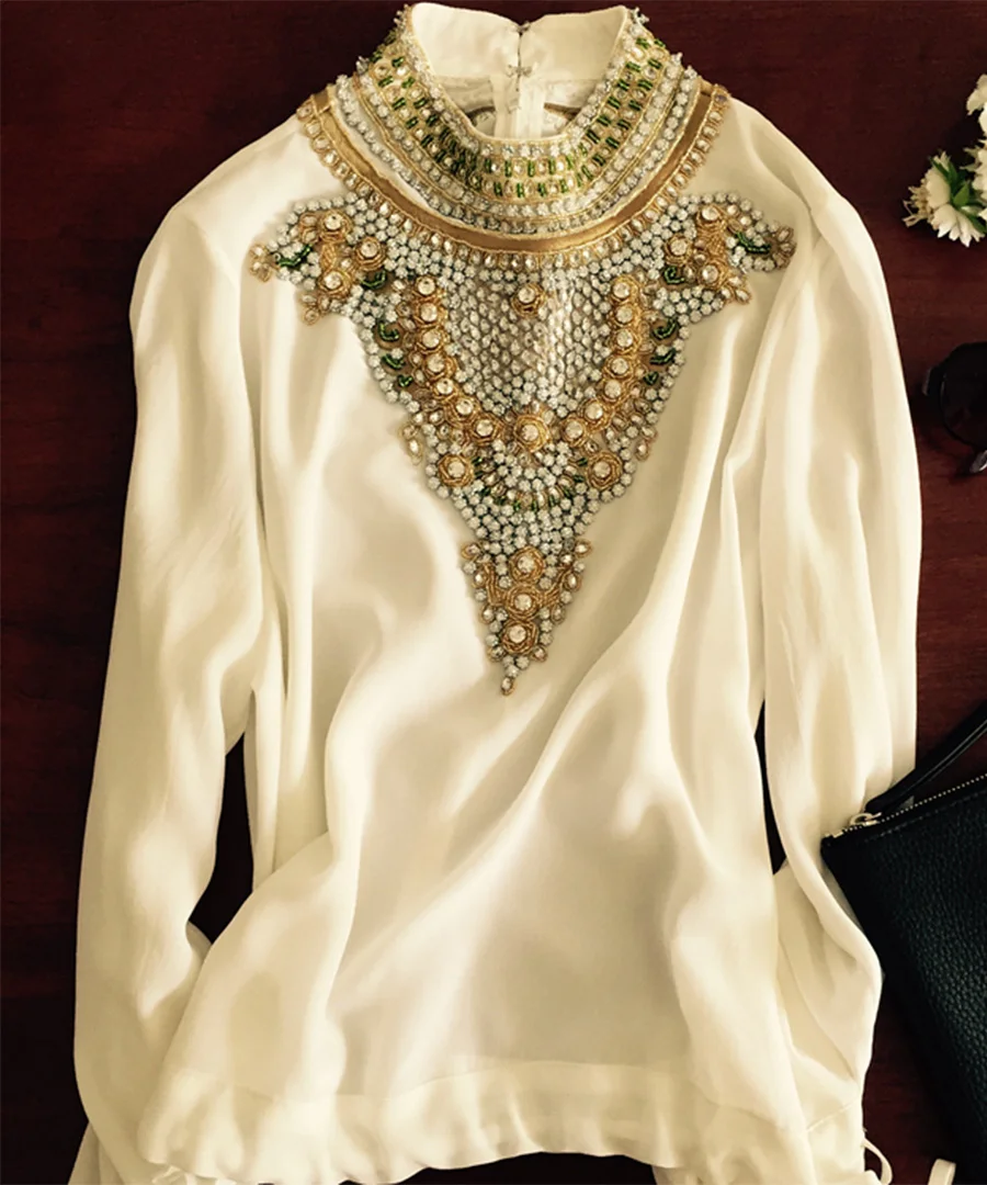 Бренд Класса Люкс Ручной Работы Алмазы Pattern С Длинным Рукавом Шифон Блузка Плюс