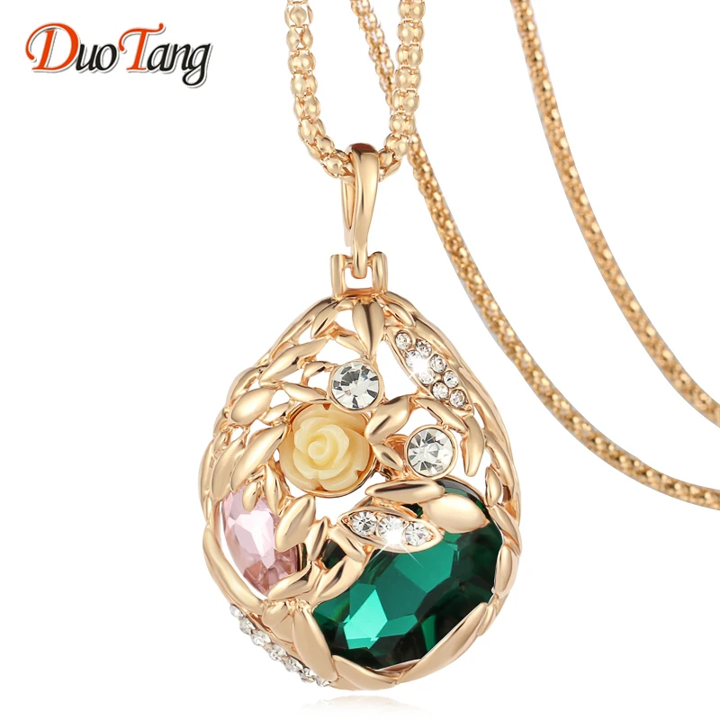 

DuoTang Brand Gold Color Popcorn Chain Pendant Necklaces Green Champange Crystal Fashion Jewelry Women Gift Flower Necklace