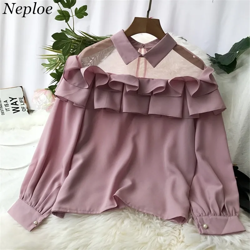 

Neploe Mesh See-through Patchwork Shirts Turn-down Collar Solid Ruffles Blusas Long Sleeve Autumn Chiffon Women Blouse 68526