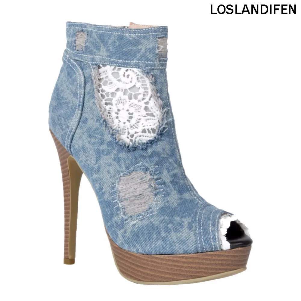 

Womens Handmade New Fashion Boots Denim Floral Deco High Heel Peep-toe Party Dress Booty Shoes XD404