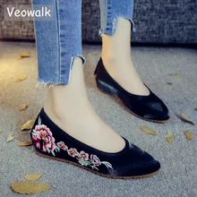 Veowalk/женские балетки с цветочной вышивкой, из хлопковой ткани, с острым носком, на плоской подошве, ручной работы, винтажная Весенняя женская дышащая обувь без шнуровки