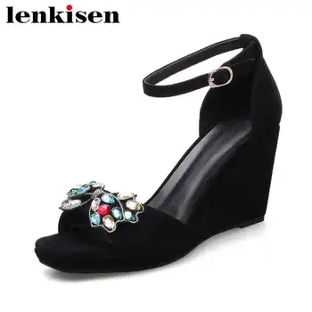 

Lenkisen kid suede concise wedge thick bottom buckle strap women sandals peep toe super high heels colorful crystal shoes L1f2
