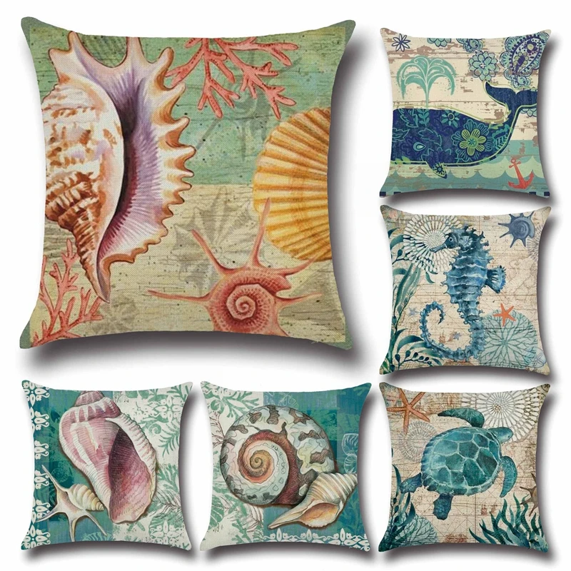 

Sealife tortoise Cushion Cover Cotton Linen Decorative Pillowcase Chair Seat Square 45x45cm Pillow Cover Home Living Textile