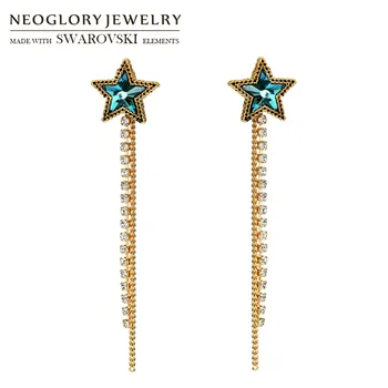 

Neoglory Crystal & Rhinestone Beads Chain Dangle Earrings Blue Elegant Star Design Embellished With Crystals From Swarovski