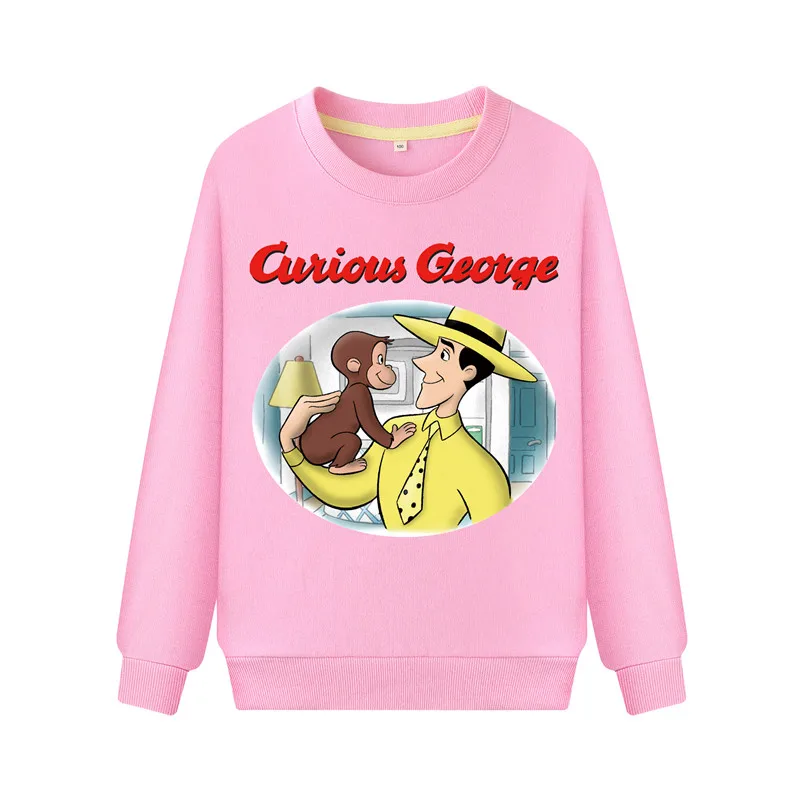 Осенние толстовки с капюшоном для мальчиков с принтом «Curious Джордж» розовые пальто-пуловеры для девочек детский Весенний костюм с капюшоном ZB089