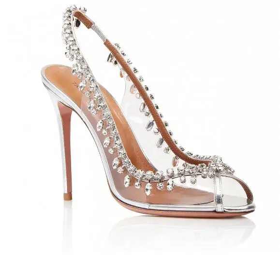 

Woman new clrear transparent open toe high heel shoes Gorgeous crystal peep toe open heel thin heel pumps Dress shoes High heels