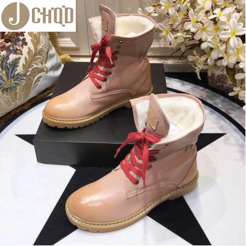 JCHQD/Новинка г. ботинки «Мартенс», модная шерстяная теплая обувь, сапоги, теплые женские зимние сапоги из воловьей кожи, женская обувь высокого качества - Цвет: Розовый