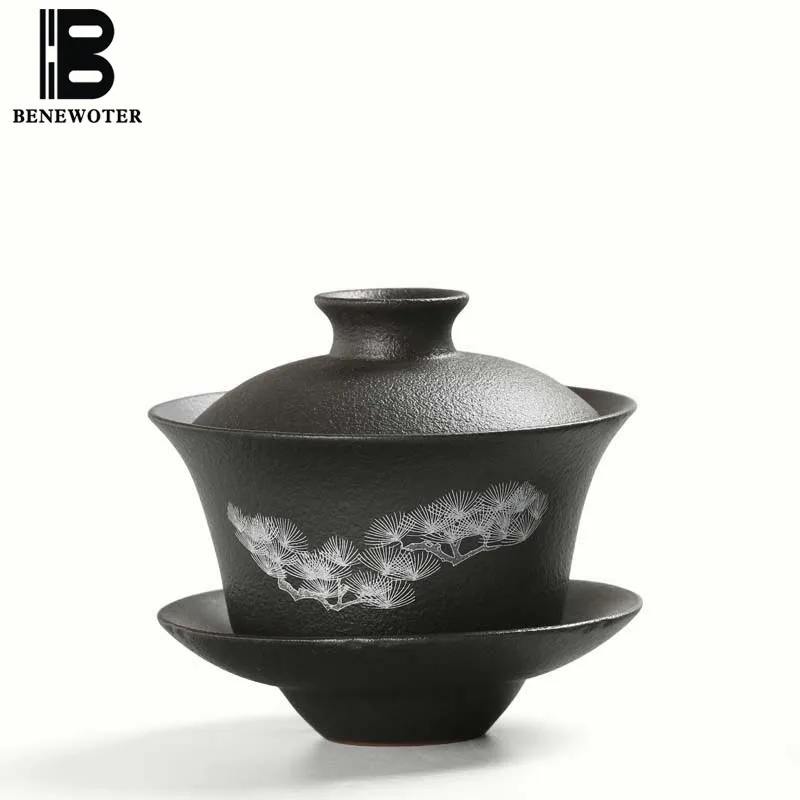 200 мл винтажный ручной работы японский черный керамический сосна гайвань чайный набор кунг-фу чайный горшок чайник чайная чашка кружка посуда для напитков
