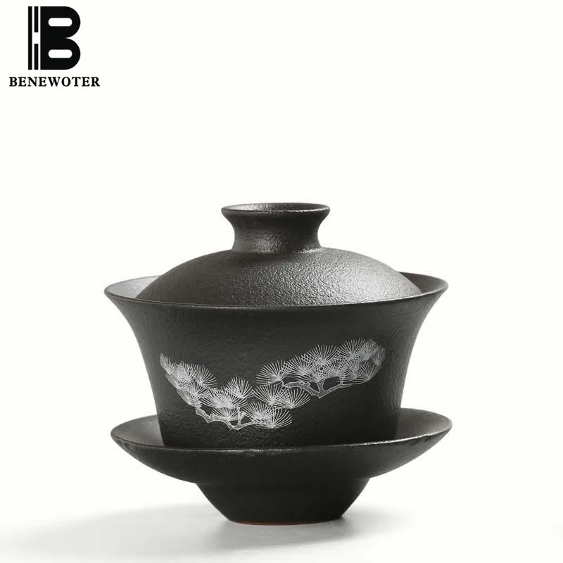

200ml Vintage Handmade Japanese Black Ceramic Pottery Pine Tree Gaiwan Kung Fu Tea Set Teapot Tea Maker Teacup Mug Drinkware