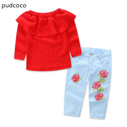 Summer Autumn Kids Baby Girl Red Ruffles Blouse T-Shirt Tops+Denim Rose Jeans Long Pants Clothes 2pcs Outfit Set 1-7Y