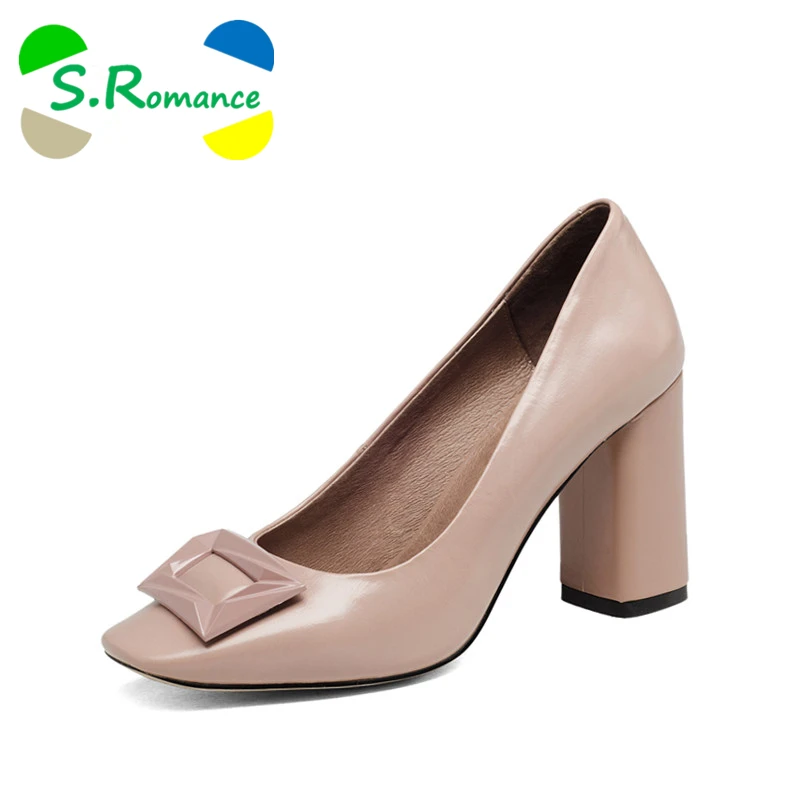 S.Romance Women Pumps Genuine Leather Fashion Elegant Square Toe Slip-On Strange Heels Woman Shoes Black Red Nude SH455 | Обувь