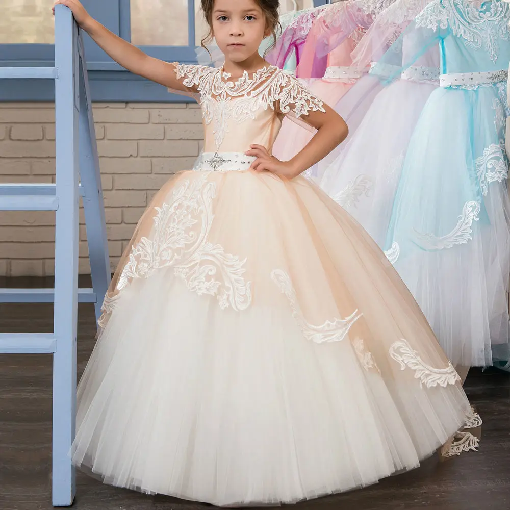 

Short Sleeve Lace Flower Girl Dress Tulle Princess Communion Party Prom Pageant Girl Dress Wedding Ball Gown Girl Dresses