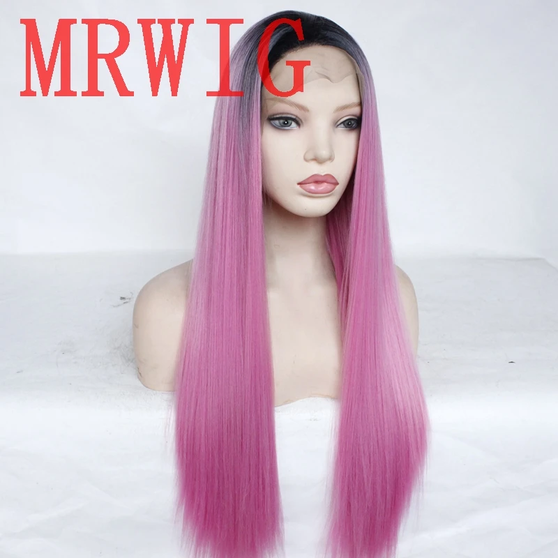 

MRWIG 8in &3in short dark roots ombre pink middle part synthetic front lace wig combs&straps woman