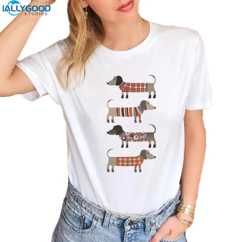

Summer Funny Dachshund T-Shirt Women Too Long Wiener Dog Printed O-neck T shirts Soft Short Sleeve Women White Tops S1540